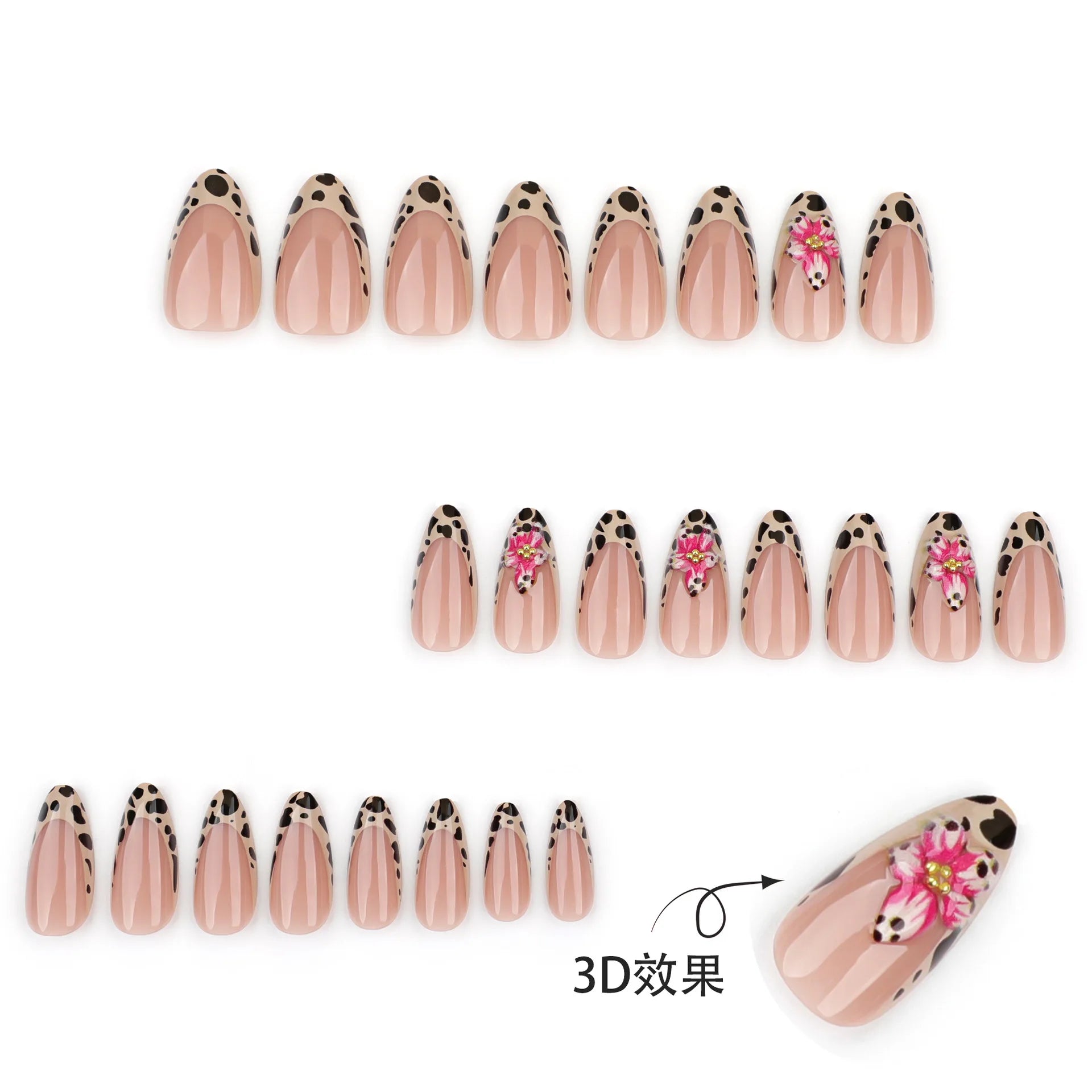 GETADME 24pcs Brown French Leopard Print Press On Nails Stereo Pink Flower Designs Autumn False Nails Sweet Cool Almond Fake Nail Tips