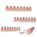 GETADME 24pcs Brown French Leopard Print Press On Nails Stereo Pink Flower Designs Autumn False Nails Sweet Cool Almond Fake Nail Tips