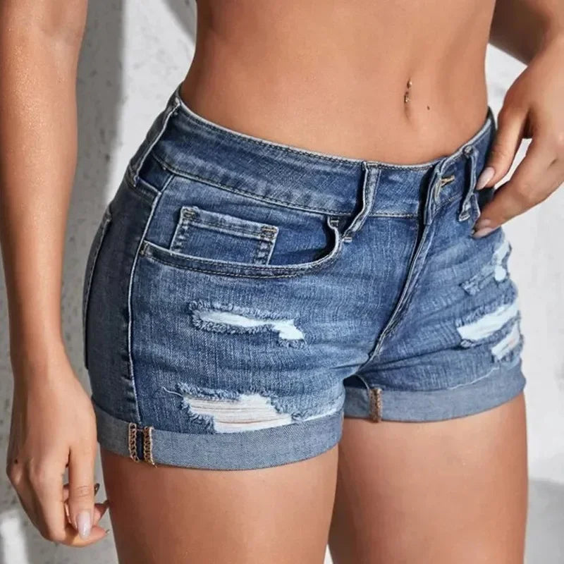 GETADME Women's Split Denim Shorts Summer Beach Wild Fashion Sexy Mid Waist Curled Cuff Perforated Elastic Slim Fit Casual Shorts
