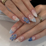 GETADME 24Pcs Mid-length 3D Flowers Design Fingertips Sweet Butterfly Yellow Ripple Almond False Nails Detachable Full Cover Press Ons