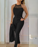 GETADME Two Piece Set Women Outfit 2025 Summer Fashion Hollow Out Round Neck Sleeveless Tank Top & Casual Pocket Daily Pants Set