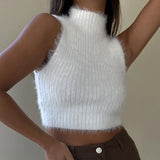Getadme White Crop Top Winter Y2k Women Sweaters Sleeveless Turtleneck Fluffy Off Shoulder 2000s Clothes For Women Knitted Top Outfit