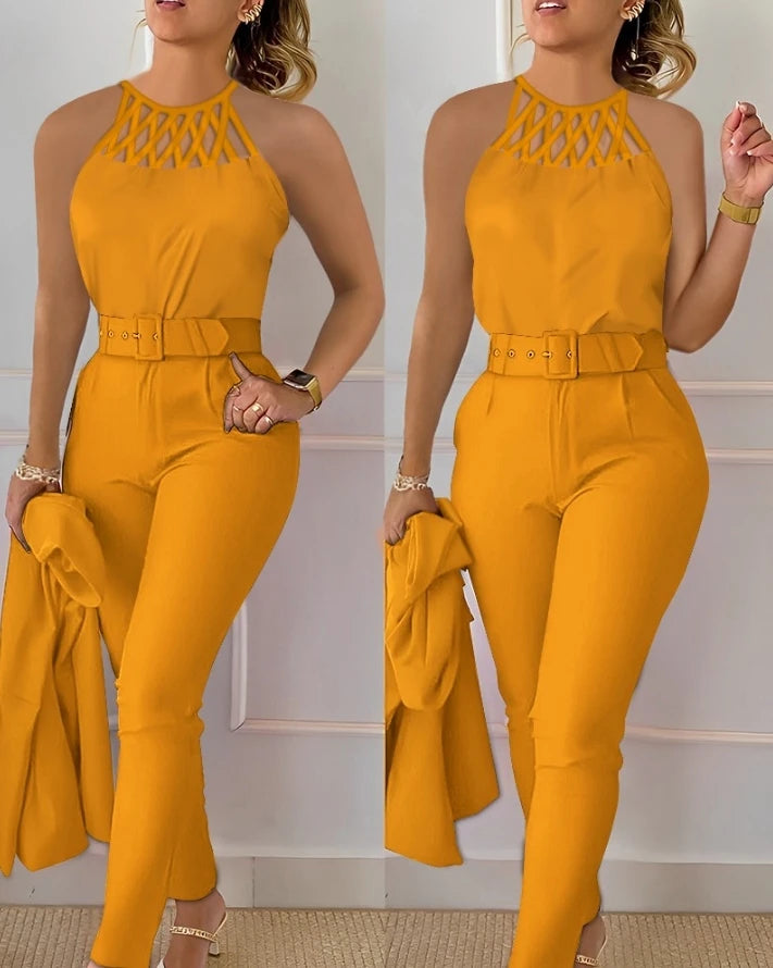 GETADME Two Piece Set Women Outfit 2025 Summer Fashion Hollow Out Round Neck Sleeveless Tank Top & Casual Pocket Daily Pants Set