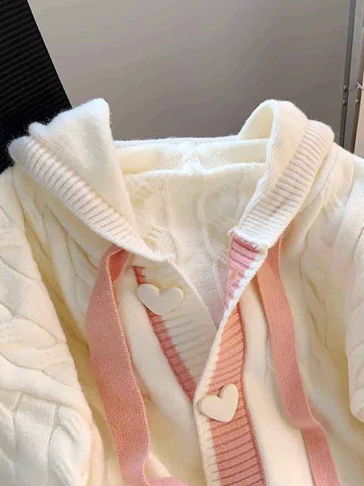 GETADME Jmprs Cute Sweet Cardigan Sweaters Women Lazy Wind White Knitted Coats Long Sleeve Loose Female Japan Kawaii Elegant Hooded Tops