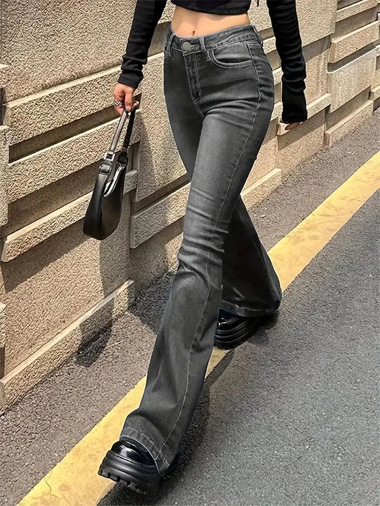 Getadme Women Flare Stretch Moustache Jeans Fashion Skinny Bell Bottom High Waist Gray Denim Pants Lady Classic Y2K Punk Long Trousers