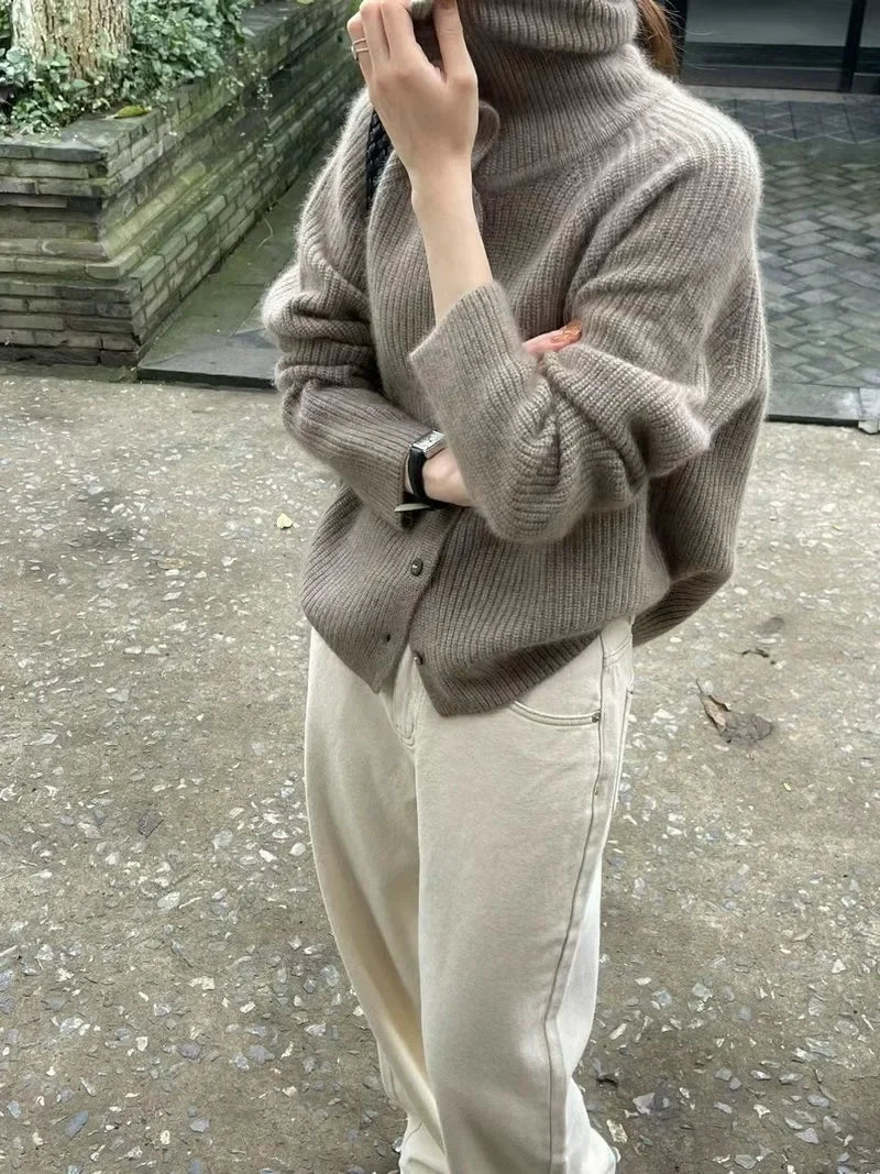 GETADME Turtleneck Cardigan Ladies 100% pure woolen sweater Autumn and winter loose thickened cashmere base sweater knitted  coat tide