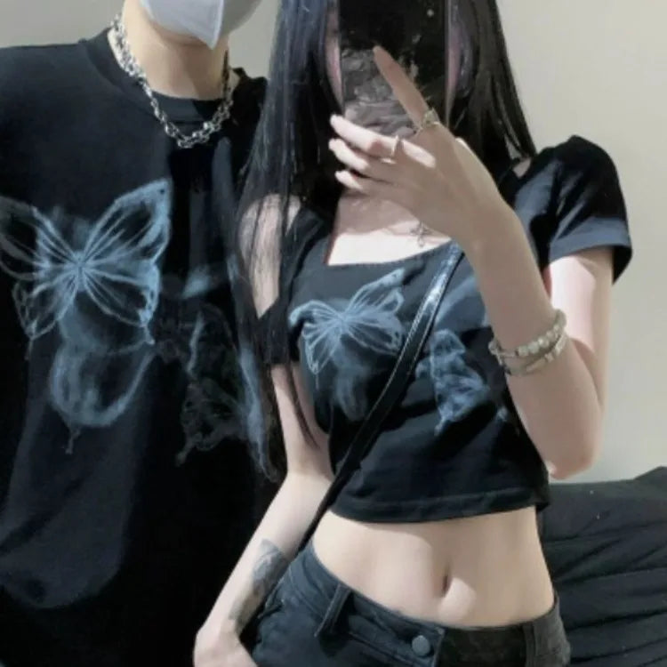 Getadme-Black Butterfly Print Couples T-shirts Summer Sexy Off Shoulder Unisex Tee Shirt Y2k E-Girl Slim Fit Short Sleeve Tops Women