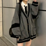 Getadme Grey Striped Knitted Sweater Cardigan Women Korean Style Harajuku Oversize Jumper Preppy Fashion Female Tops Winter