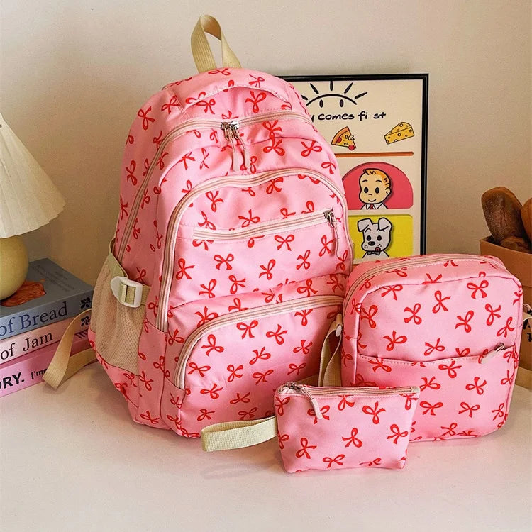 GETADME 3 Pcs/Set Cute Large Capacity Backpack For girl Bow Print Nylon School Bag Adjustable Strap women Travel Computer Backpack
