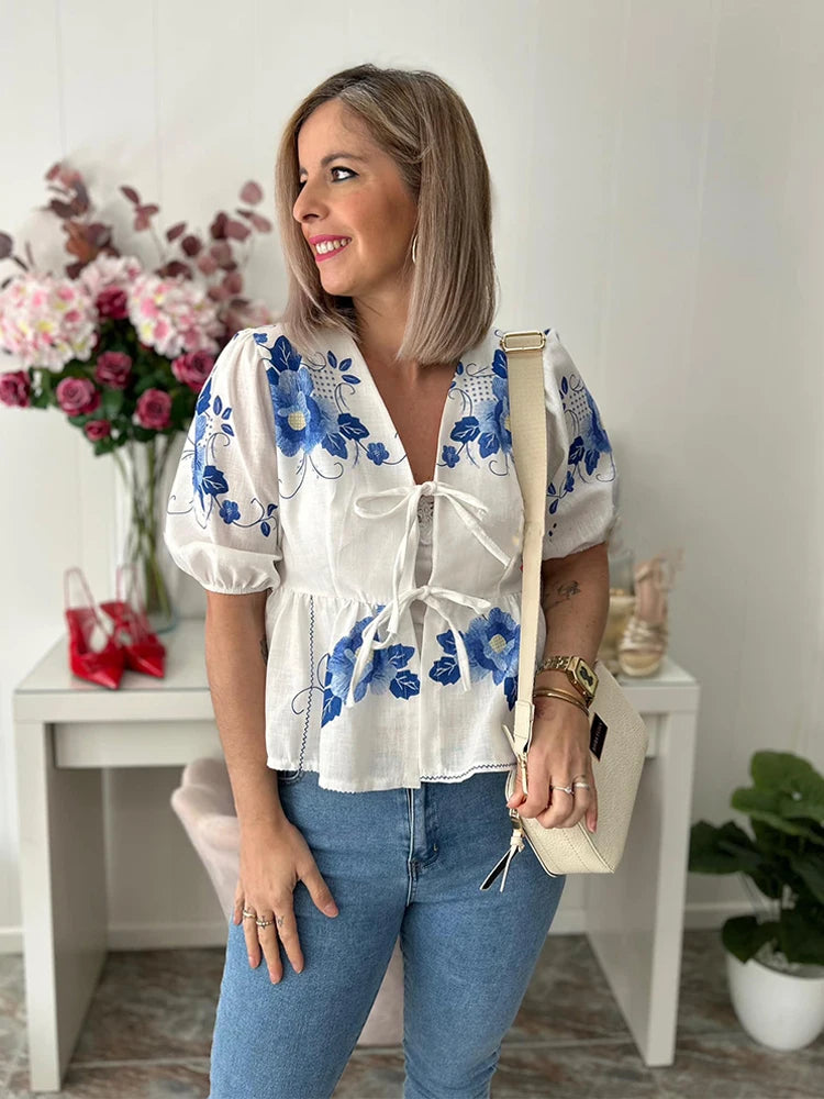 Getadme-Fashion Print Lace Up Shirt Women Sexy Hollow Out Puff Sleeve Female T-shirts 2024 Spring Summer Street Vacation Beach Lady Top