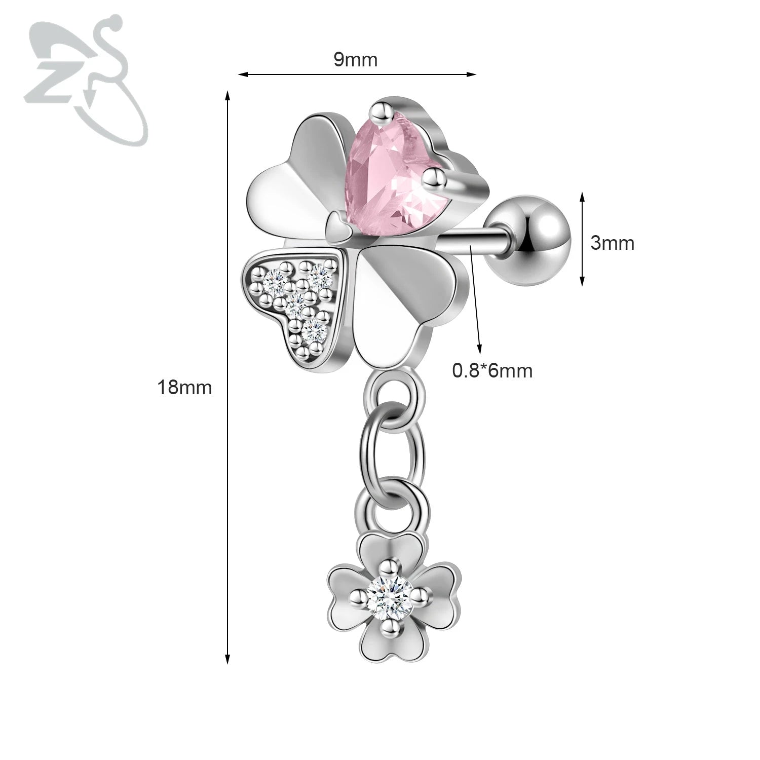 GETADME ZS 1 Piece 20G Cute Heart Stud Earring For Children Women Pink CZ Crystal Earrings Ear Cartilage Helix Conch Piercing Jewelry