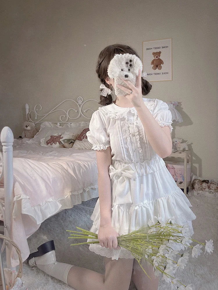 Getadme-2024 Summer Jk Shirts Women Kawaii Peter Pan Collar Japanese Style Lolita White Lace Mesh Blouse Student Top Daily Sweet Fashion