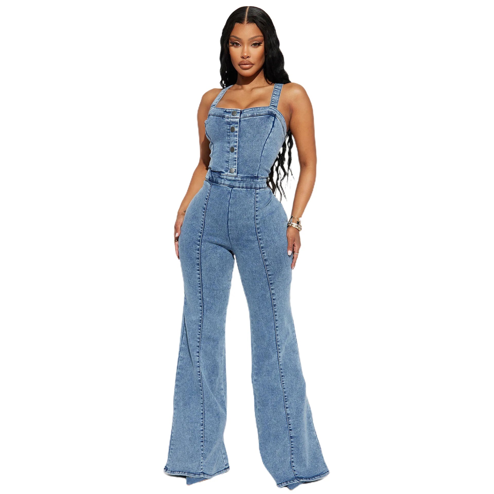GETADME Women Jeans Rompers Sexy Overalls Jumpsuits Square Collar One Piece Solid Flare Pants Ankle Length Baics Spliced Button