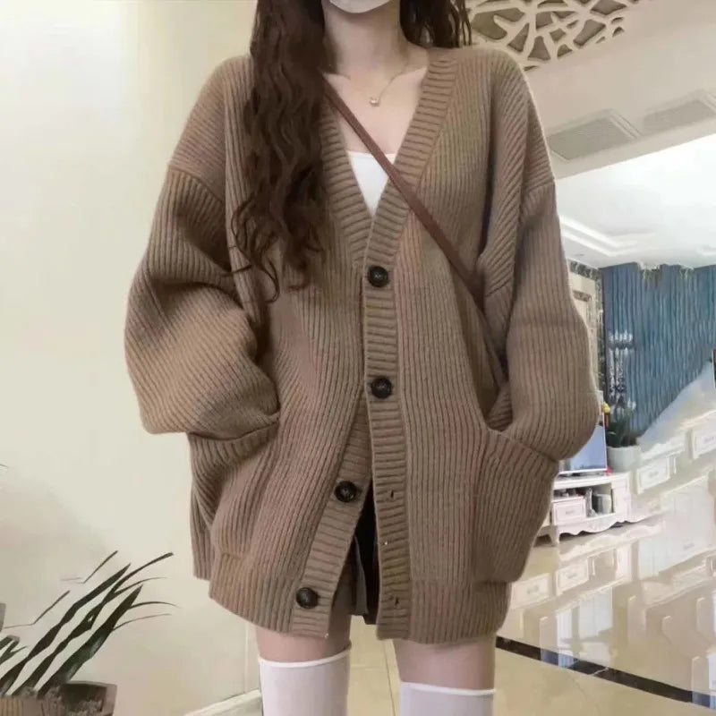 Getadme-Autumn Winter Women Cardigan Sweater Coats Fashion Female Long Sleeve V-neck Loose Knitted Jackets Casual Sweater Cardigans