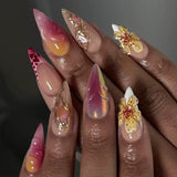 GETADME 24Pcs Mid-length 3D Flowers Design Fingertips Sweet Butterfly Yellow Ripple Almond False Nails Detachable Full Cover Press Ons
