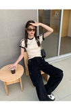 GETADME Women's French Sle Stripe Short Sleeve T-shirt Summer Wear Design Sense Gyaru Round Neck Tops Internet Celebri Oversized Tops