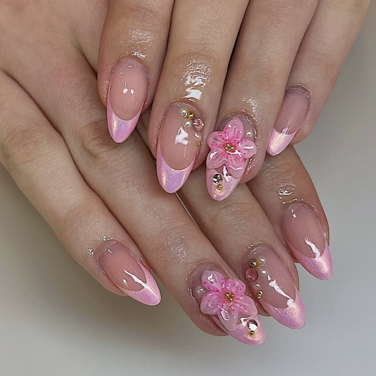 GETADME 24Pcs Mid-length 3D Flowers Design Fingertips Sweet Butterfly Yellow Ripple Almond False Nails Detachable Full Cover Press Ons