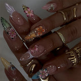 GETADME 24PCS Retro Almond False Nail with 3D Flower Leopard Print French Fake Nail Art Fashionable Wearable Finished Press on Nail Tips
