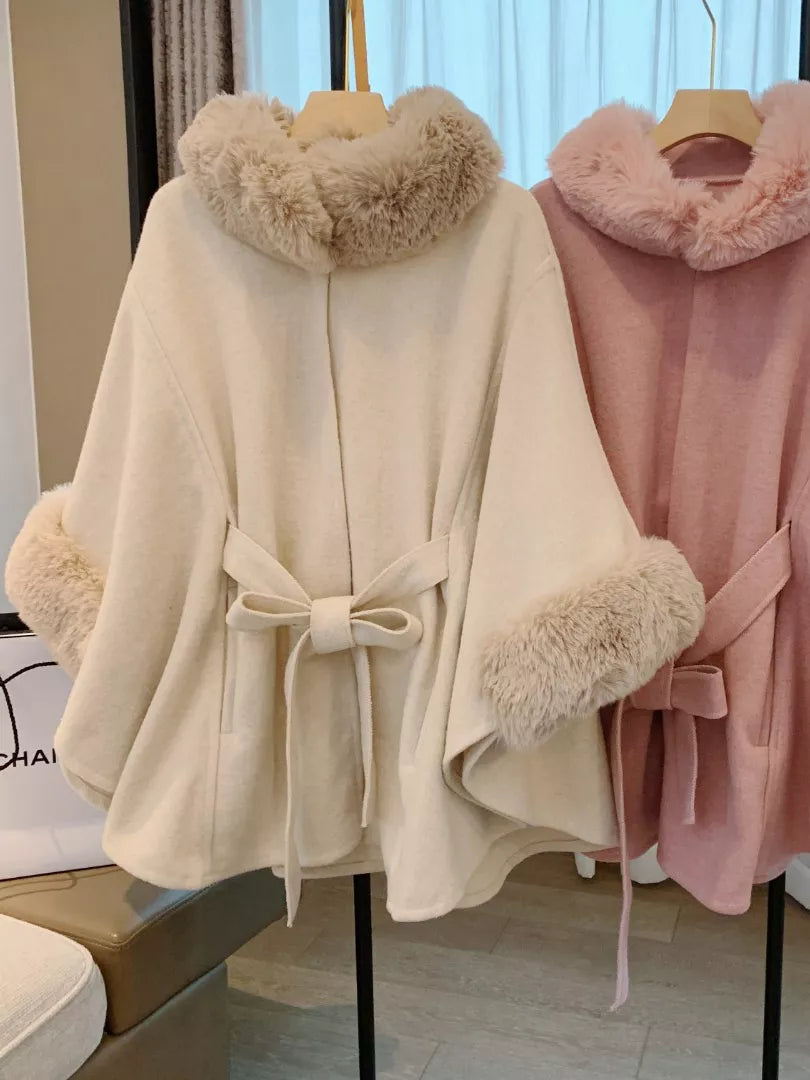 Getadme Factory Direct Elegant Autumn Winter Rex Rabbit Fur Collar Belt Knitted Poncho Cape Shawl Woolen Large Size Women's Coat