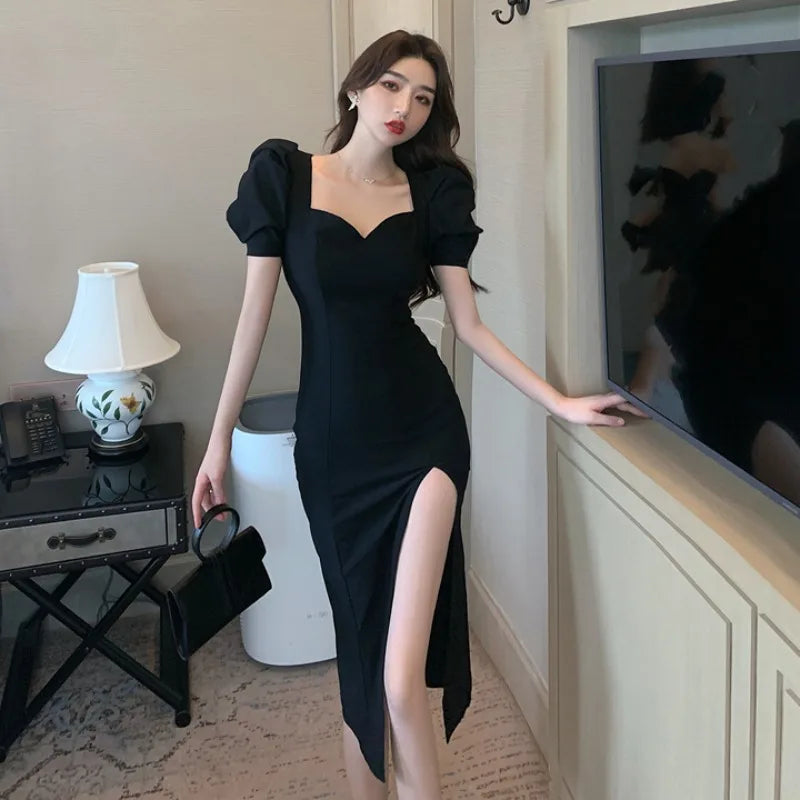 Getadme-French Style Over Knee Long Dress Women's Temperament Slim Fit High Split Sexy Dress Summer High Waisted Bubble Sleeve Vestidos