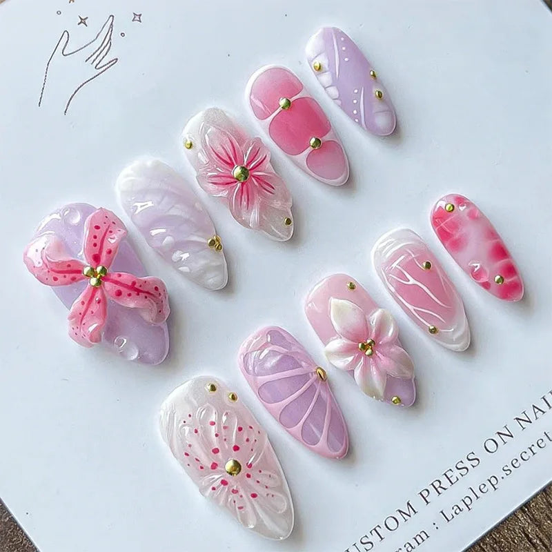 GETADME 24PCS Retro Almond False Nail with 3D Flower Leopard Print French Fake Nail Art Fashionable Wearable Finished Press on Nail Tips