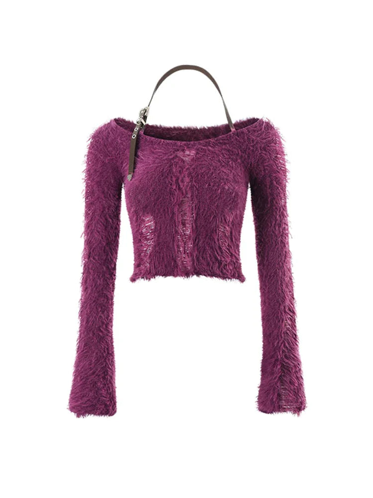 Getadme 4 Fall Woman 2000s Gyaru Coquette Halter Crop Top Pullovers Slash Neck Jumper Fluffy Sweater Design Knitwears Y2K Hot Sexy Kawaii
