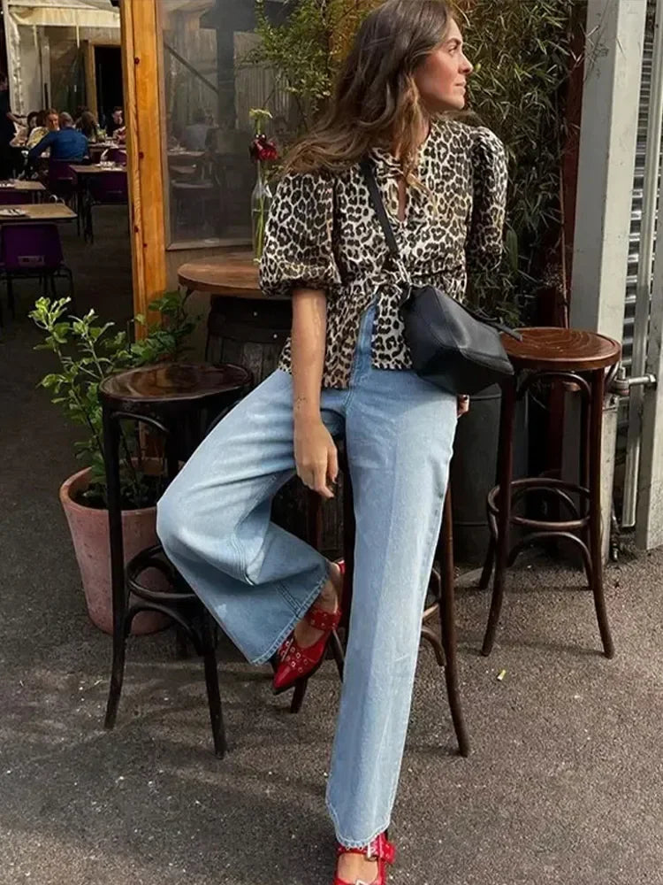 Getadme-Fashion Leopard Puff Sleeve Lace Up Shirts for Women 2024 New Spring Summer Round Neck Cropped Blouse Female Ruffled Ladies Tops