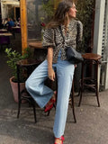 Getadme-Fashion Leopard Puff Sleeve Lace Up Shirts for Women 2024 New Spring Summer Round Neck Cropped Blouse Female Ruffled Ladies Tops