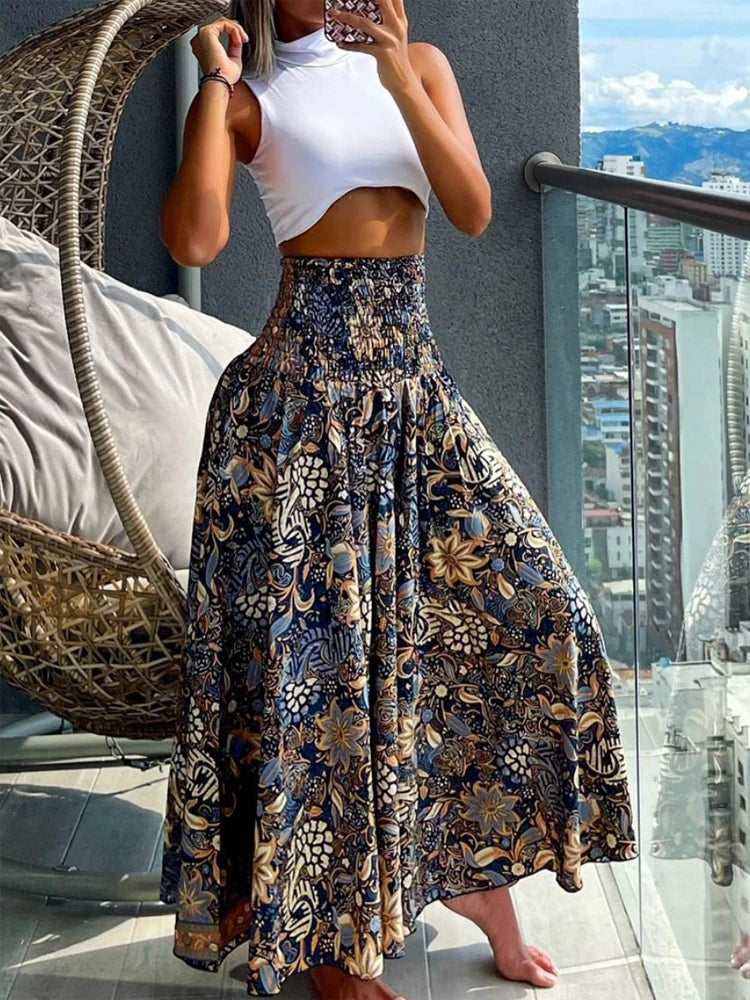 Getadme-Boho Print Skirts For Women 2024 Summer Casual Elastic High Waist A-line Big Swing Long Dress Vacation Beach Party Skirt Robe