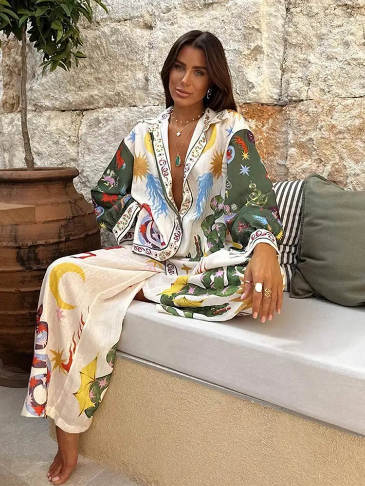 Getadme-Fashion Lapel Button Print Shirt Suits For Women Causal Loose Wide Leg Pants 2 Piece Sets 2024 Summer High Street Female Outfits