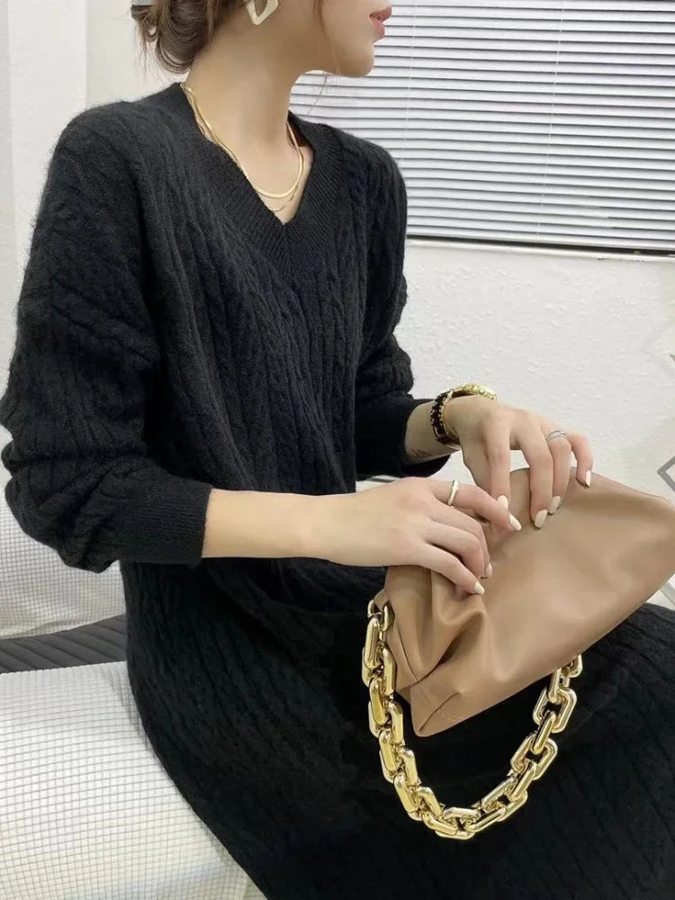 Getadme New in Women's Winter Sweater Long Dress 2024 Vintage Elegant V-Neck Pullover Knitted Fashionable Commuting Women's Clothing