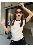 GETADME Women's French Sle Stripe Short Sleeve T-shirt Summer Wear Design Sense Gyaru Round Neck Tops Internet Celebri Oversized Tops