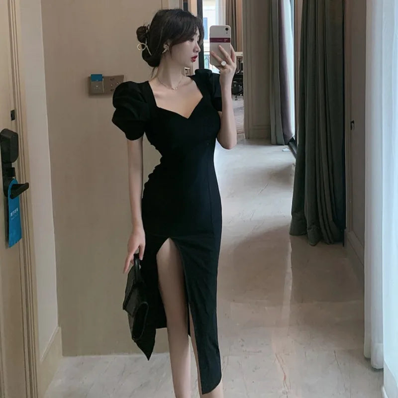 Getadme-French Style Over Knee Long Dress Women's Temperament Slim Fit High Split Sexy Dress Summer High Waisted Bubble Sleeve Vestidos