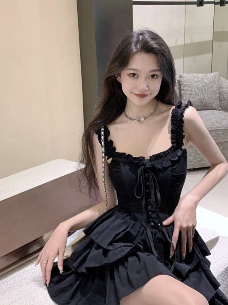 Gothic Goth Harajuku Sexy Slip Dress Ruffles Y2k Streetwear Dark Punk Cake Dresses Party Korean Fashion 2023 Summer