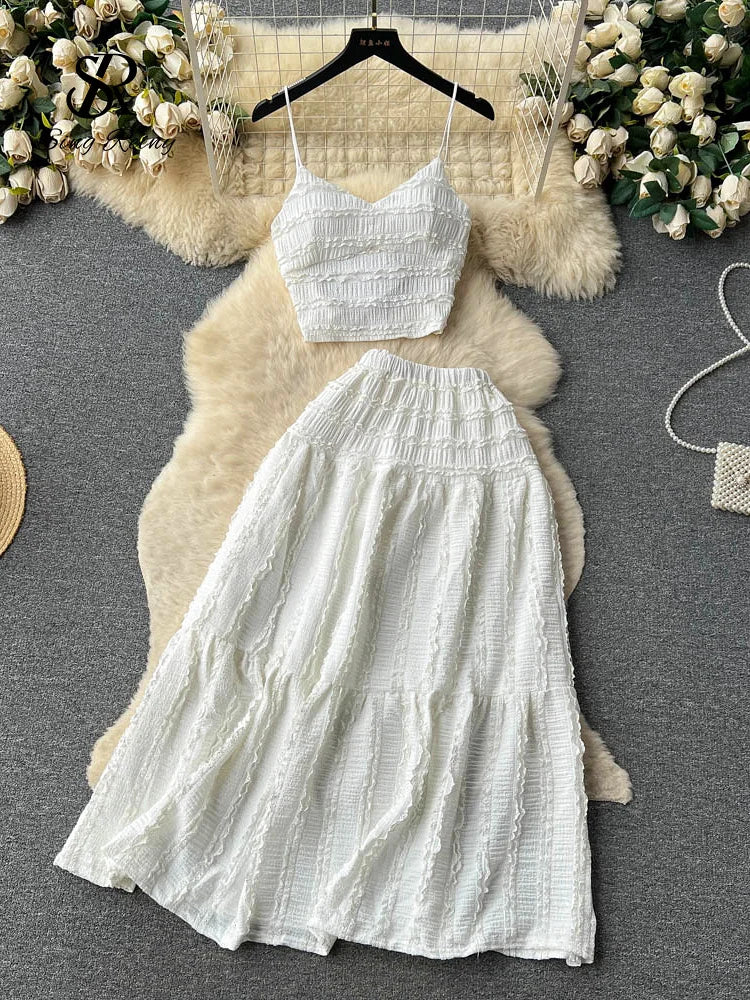 Sexy Camisole+A Line Long Skirt Fashion Elastic Bohemian Suits  Summer Lace Patchwork Beach Two Pieces Sets Women