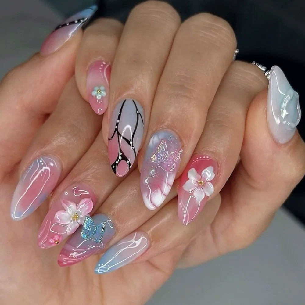 GETADME 24Pcs Mid-length 3D Flowers Design Fingertips Sweet Butterfly Yellow Ripple Almond False Nails Detachable Full Cover Press Ons