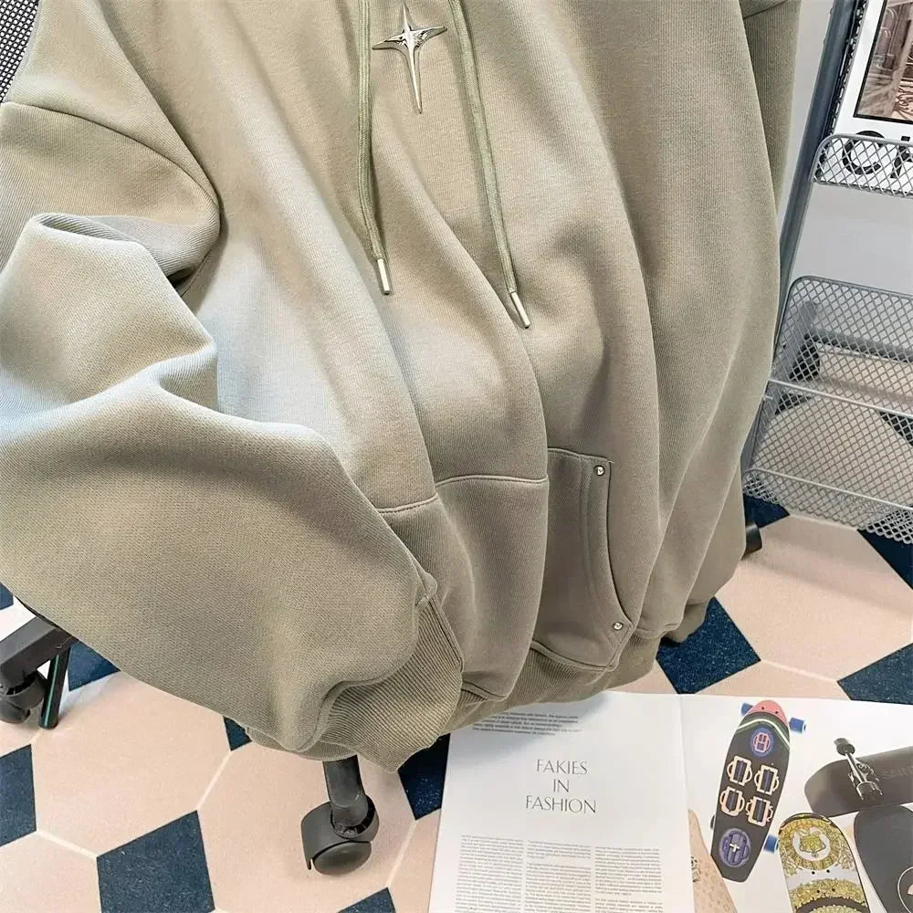 Getadme-American Style Retro Design Sense Four Pointed Star High Collar Hooded Sweater for Men and Women Trend Winter Thick Top Coat