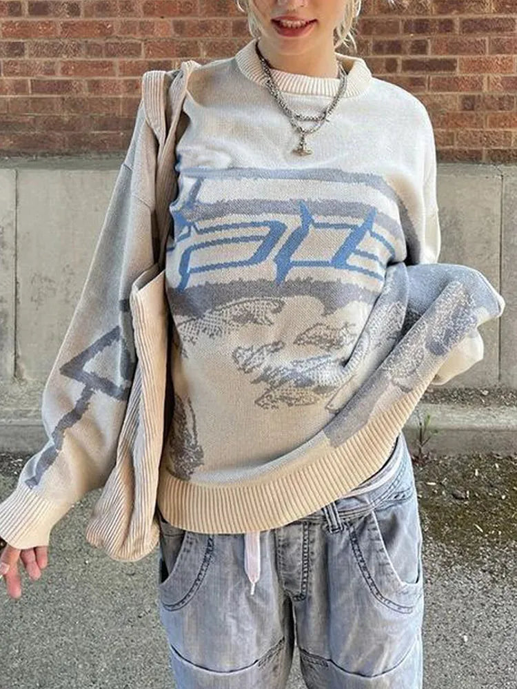 Getadme Women Pullover Sweater Creative Knitted Streetwear Ladies Oversize O Neck Knitwear Female Fashion Long Sleeve Top Pull Femme