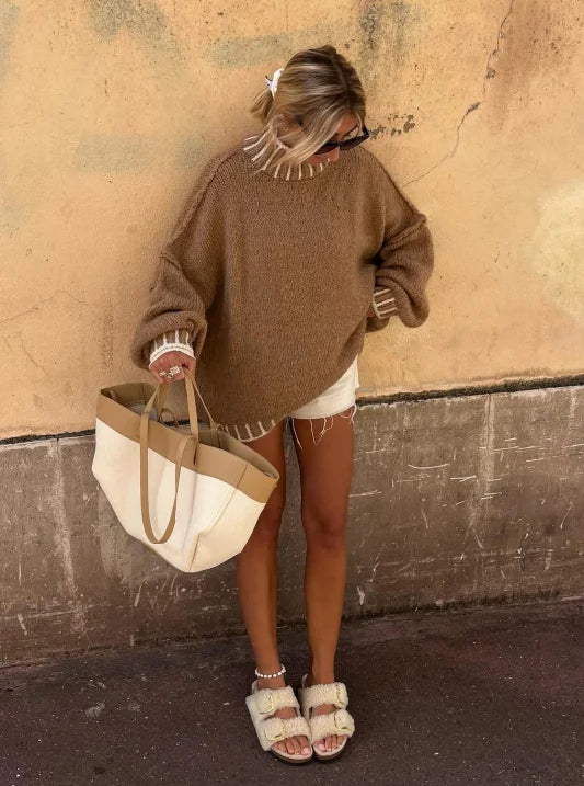 Line Patchwork Turtleneck Sweater For Women Fashion Loose Long Sleeve Knitwear Tops Autumn Winter Chic Lady Pullover