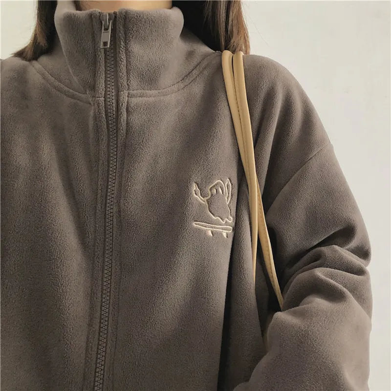 Getadme Y2k Women Embroidery Zip Up Hoodie Fleece Jacket Thick Warm Winter Plush Zipper Sweatshirt Outwear Hoodies Tops Clothes