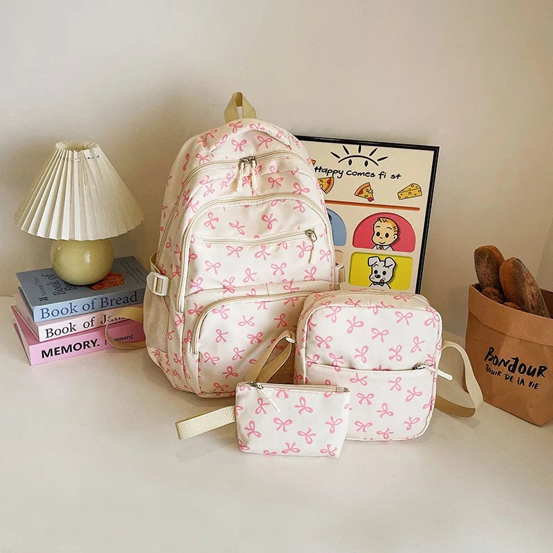 GETADME 3 Pcs/Set Cute Large Capacity Backpack For girl Bow Print Nylon School Bag Adjustable Strap women Travel Computer Backpack