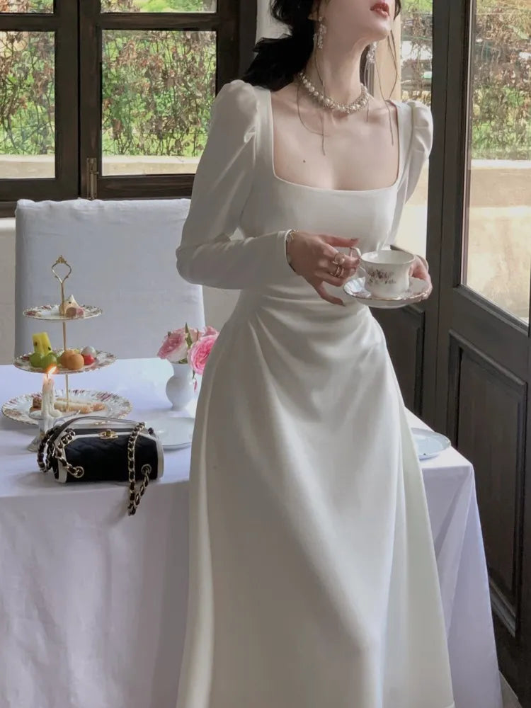 Getadme  Spring New Elegant Square Collar Midi Party Dress  For Women Long Sleeve Black White Slim Vestidos Female Clothes