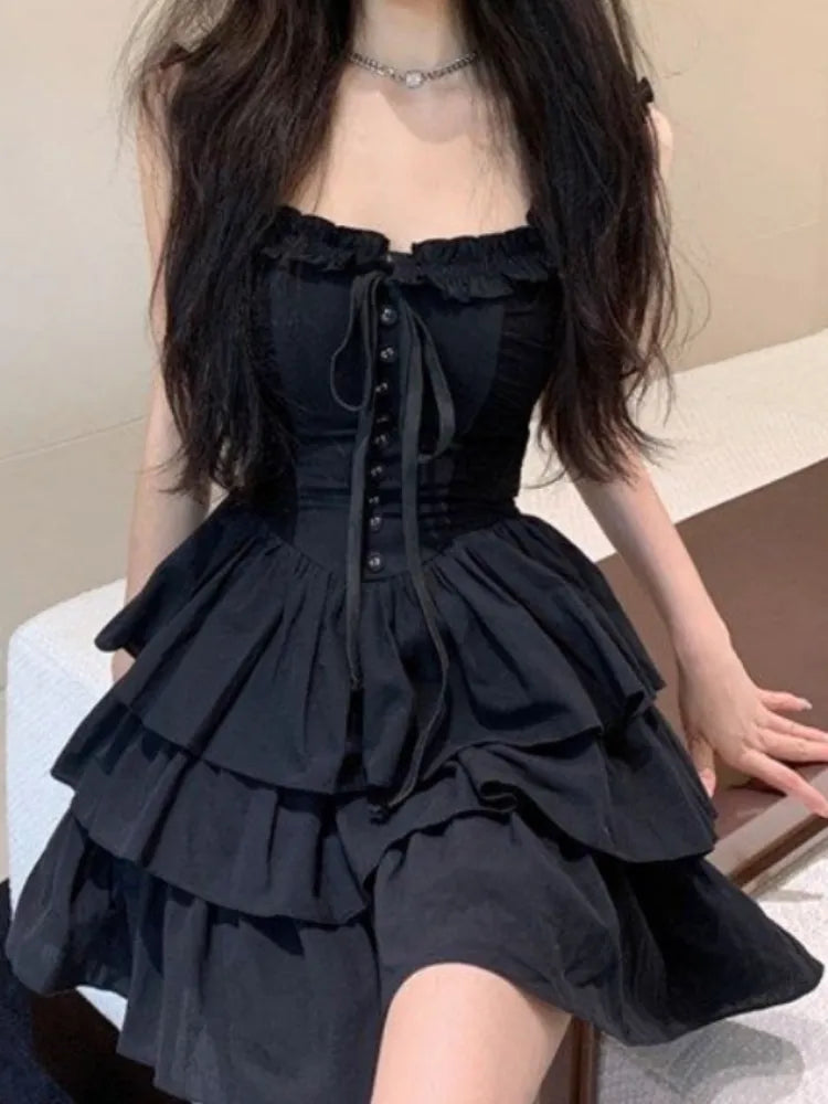 Gothic Goth Harajuku Sexy Slip Dress Ruffles Y2k Streetwear Dark Punk Cake Dresses Party Korean Fashion 2023 Summer