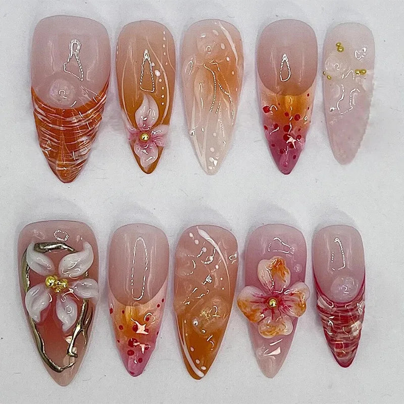 GETADME 24Pcs Mid-length Almond False Nails Press on 3D Flower Design Full Cover Nails Tips Art for Woman Datachable Finished Fake Nails