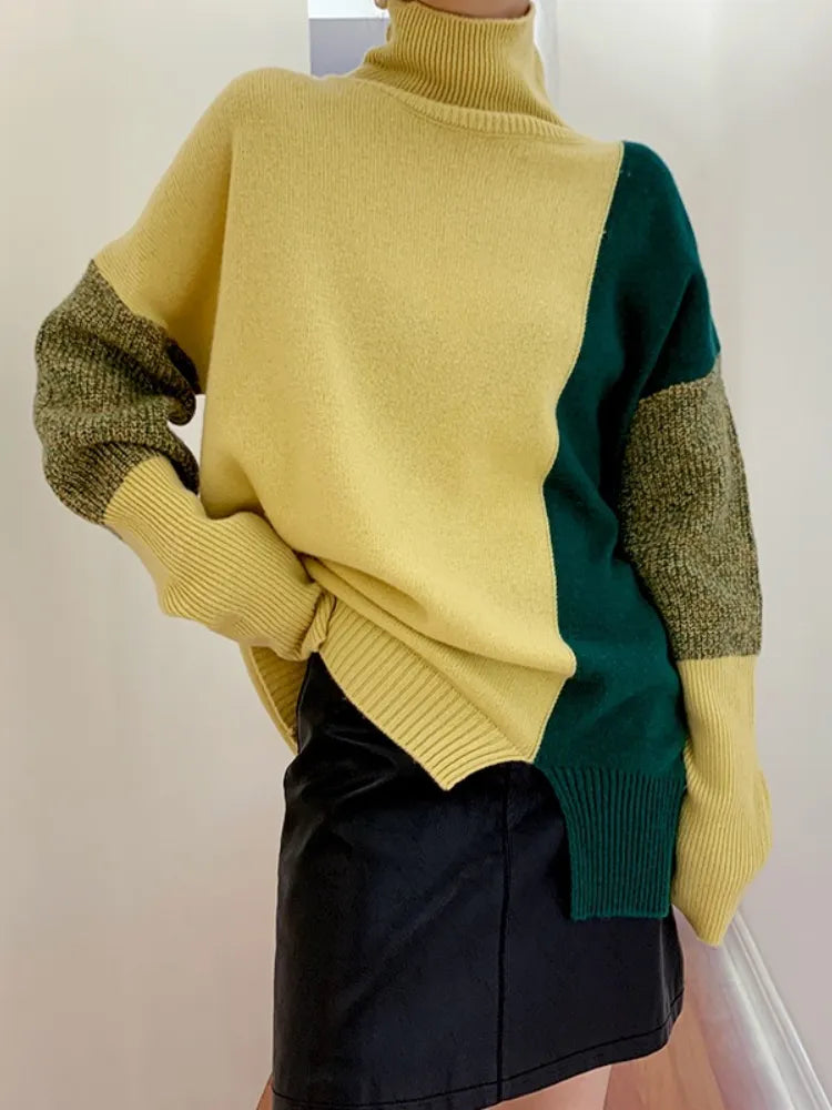 Getadme-Women‘s Sweater Autumn Winter Turtleneck Jumpers New In Thick Warm Loose Long Sleeve Spliced Knitted Sweater Tops Pullover