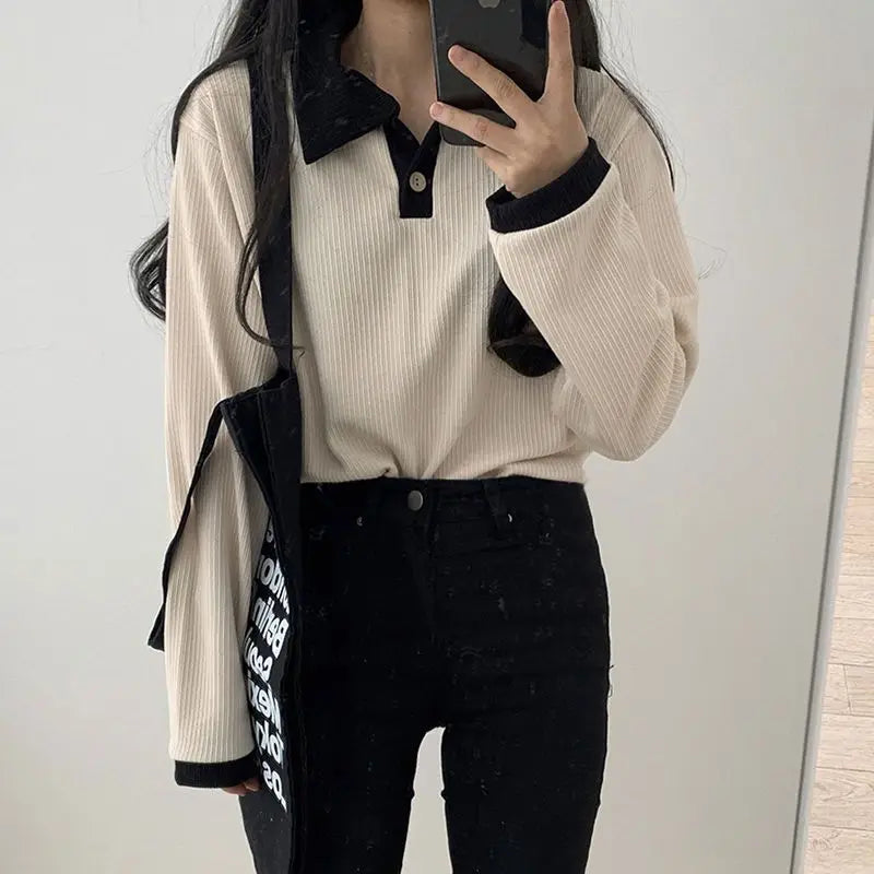 Getadme-Casual Women Sweatshirts Hoodies T-shirts Korean Fashion Preppy Tops Female Autumn Long Sleeve Polo Collar Basic Pullovers Tees