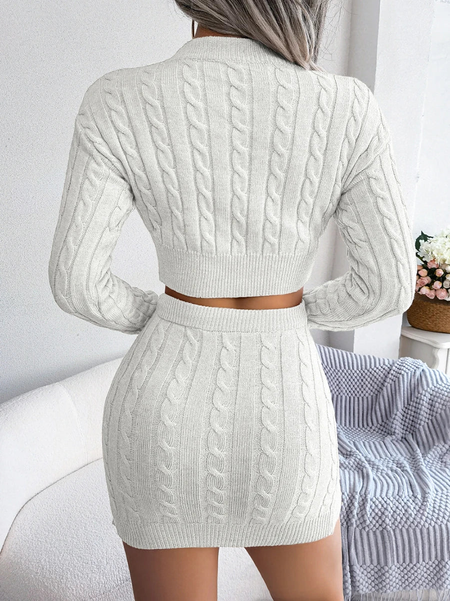 Women Fall 2 Pieces Outfits Solid Color Twist Knitted Round Neck Long Sleeve Cropped Sweater Wrapped Hip Mini Skirts Clothes Set