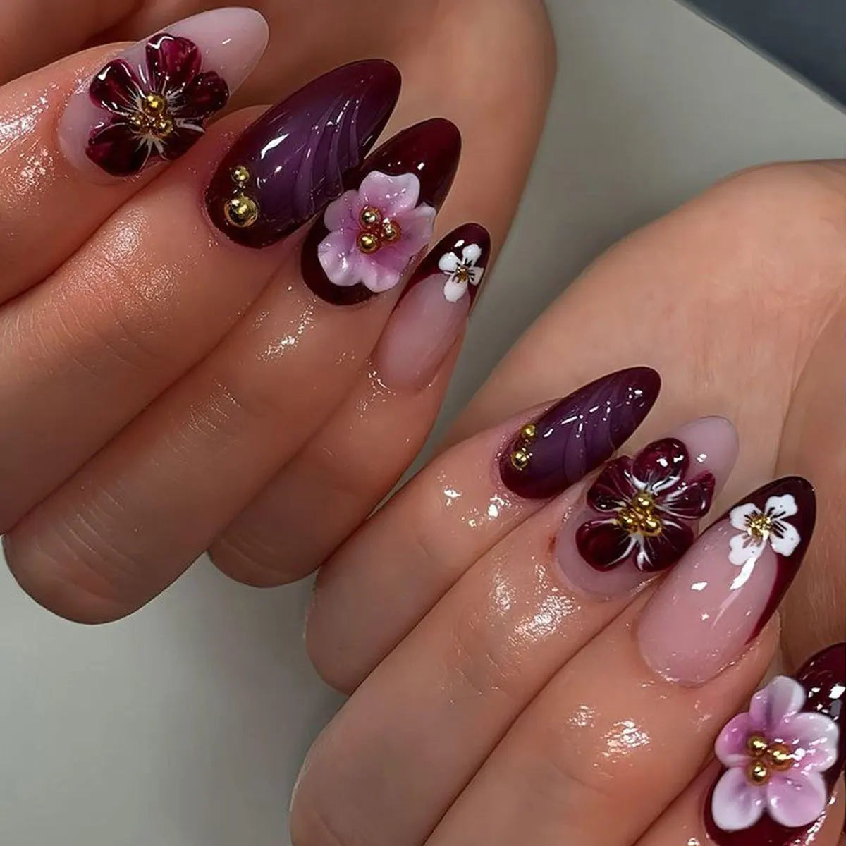 GETADME 24Pcs Mid-length 3D Flowers Design Fingertips Sweet Butterfly Yellow Ripple Almond False Nails Detachable Full Cover Press Ons
