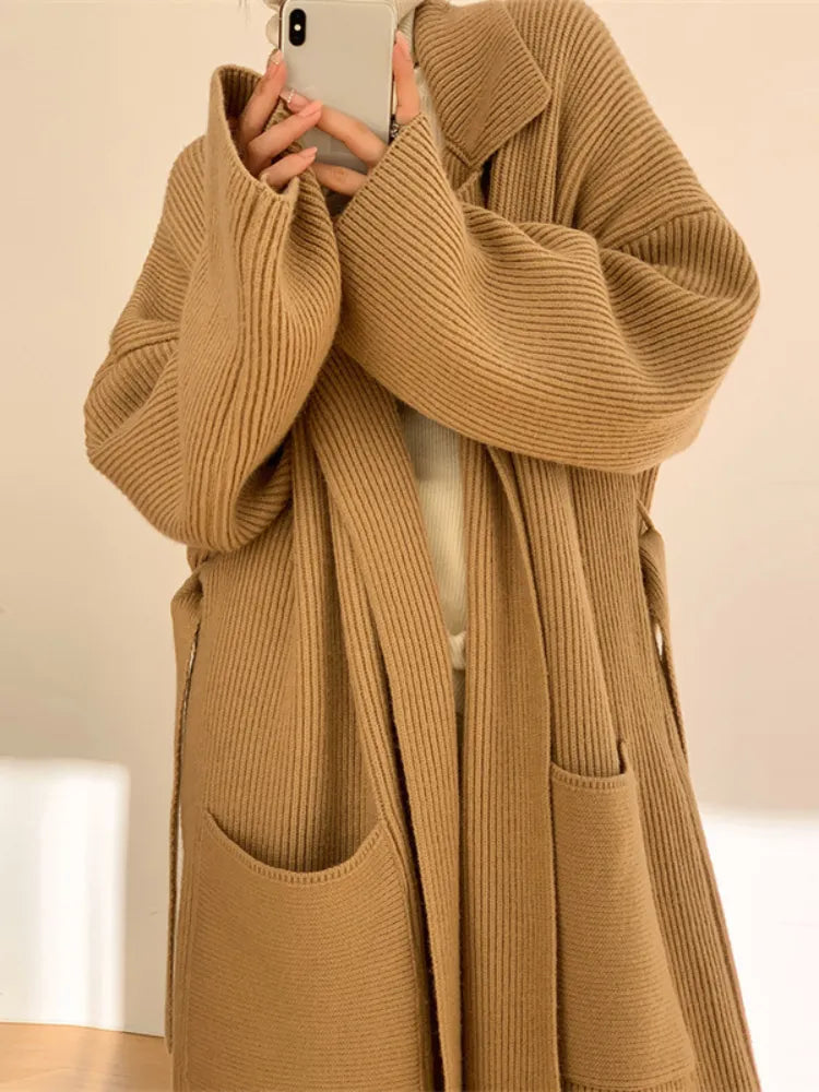 Getadme-Women's Sweaters Polo Collar Long Coat 2023 Autumn Winter New In Korean Lazy High-end Gentle Soft Loose Knit Cardigan Coat