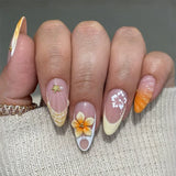 GETADME 24Pcs Mid-length 3D Flowers Design Fingertips Sweet Butterfly Yellow Ripple Almond False Nails Detachable Full Cover Press Ons
